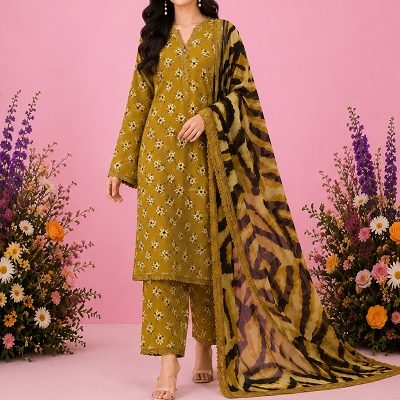 Women's Mustard Printed Lawn 3-Piece Suit with Digital Printed Dupatta