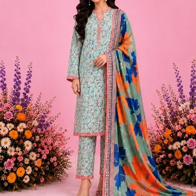Women's Sky Blue Floral Printed Lawn 3-Piece Suit with Digital Printed Dupatta