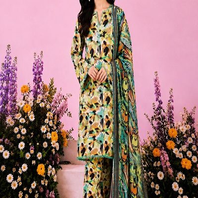 Women's Multicolor Abstract Printed Lawn 3-Piece Suit with Digital Printed Dupatta