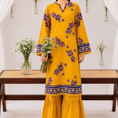 Mustard Yellow Floral Printed 2 Piece Women's Suit