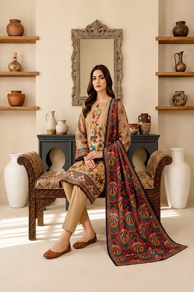 Women's Premium Beige Printed 3 Piece Lawn Suit with Printed Dupatta - Image 2