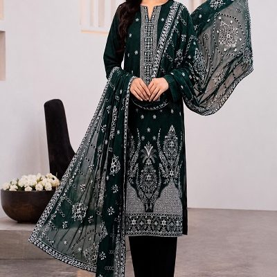 Dark Emerald Green Luxury 2 Head Fine Embroidered 3-Piece Lawn Suit