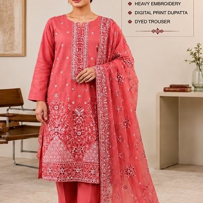 Coral Pink Luxury 3-Piece Lawn Suit with Premium Bamber Dupatta