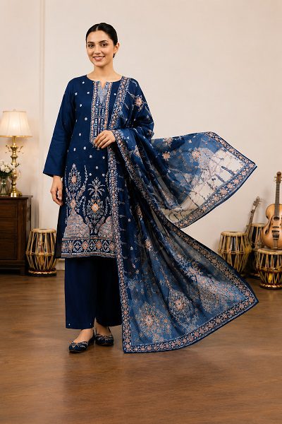 Navy Blue Luxury 3-Piece Lawn Suit with Premium Bamber Dupatta