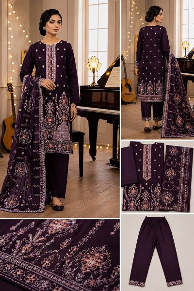 Deep Purple Luxury 3-Piece Lawn Suit with Premium Bamber Dupatta - Image 2
