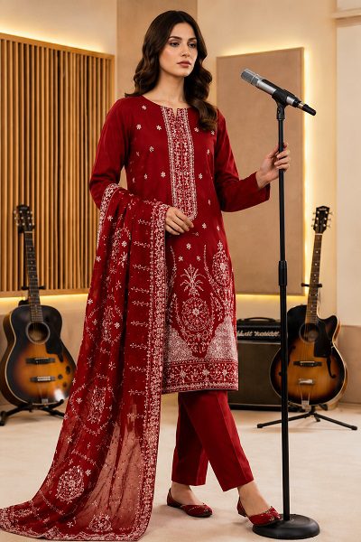 Maroon Red Luxury 3-Piece Lawn Suit with Premium Bamber Dupatta