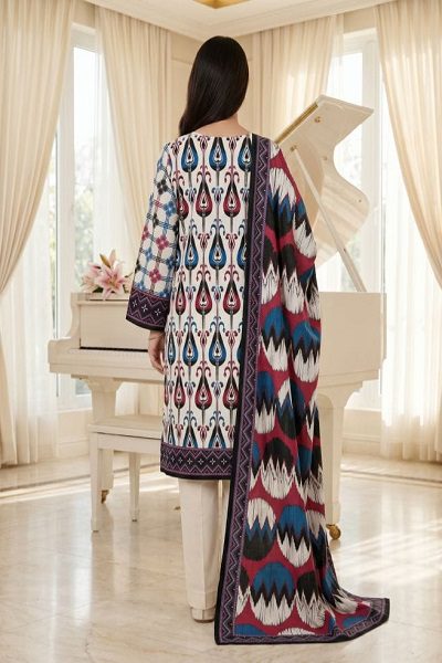 Women's Navy Blue Floral Printed Lawn 3-Piece Suit with Digital Printed Dupatta - Image 2