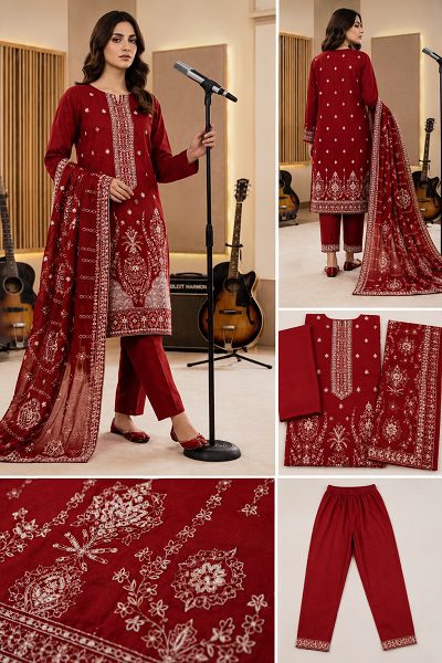 Maroon Red Luxury 3-Piece Lawn Suit with Premium Bamber Dupatta - Image 2