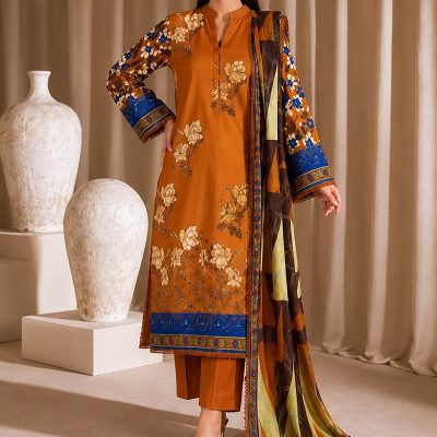 Women's Rust Brown Floral Printed Lawn 3-Piece Suit with Digital Printed Dupatta