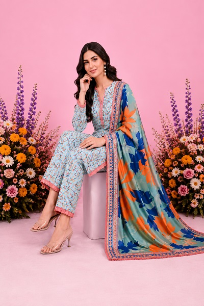 Women's Sky Blue Floral Printed Lawn 3-Piece Suit with Digital Printed Dupatta - Image 2