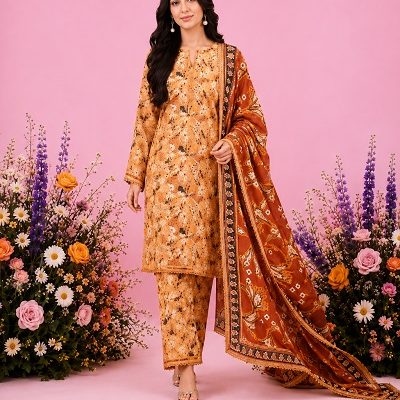 Women's Peach Floral Printed Lawn 3-Piece Suit with Digital Printed Dupatta