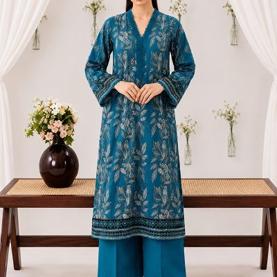 Teal Blue Botanical Printed 2 Piece Women's Suit