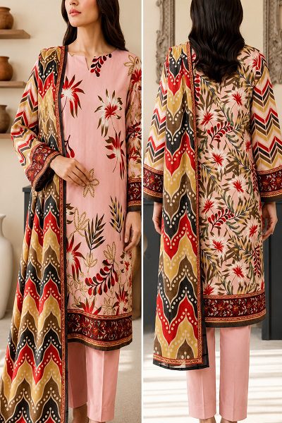 Women's Premium Pink Printed 3 Piece Lawn Suit with Printed Dupatta - Image 3