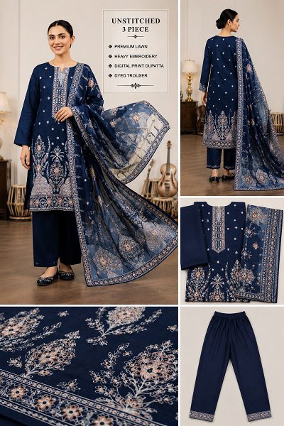 Navy Blue Luxury 3-Piece Lawn Suit with Premium Bamber Dupatta - Image 2