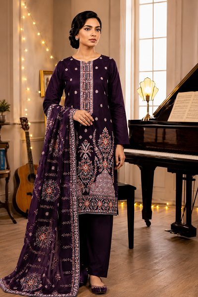 Deep Purple Luxury 3-Piece Lawn Suit with Premium Bamber Dupatta