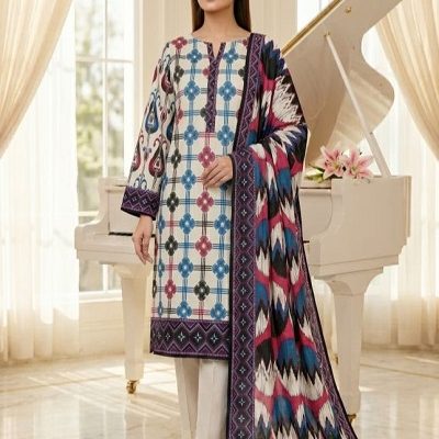 Unstitched Printed 3 Piece Lawn Suit with Printed Dupatta  White & Multicolor