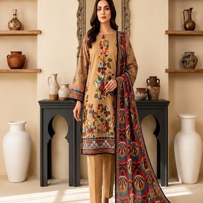 Women's Premium Beige Printed 3 Piece Lawn Suit with Printed Dupatta