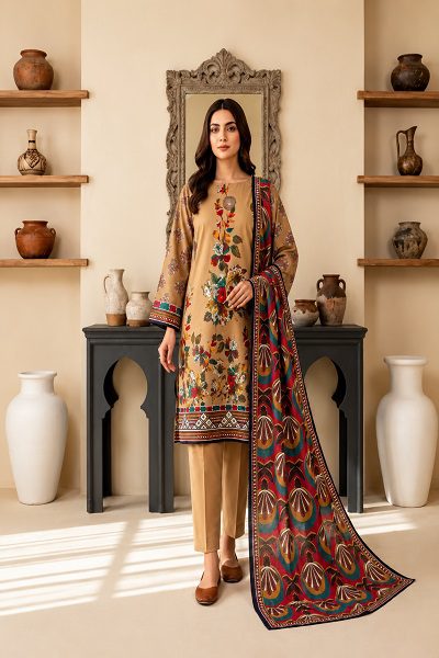 Women's Premium Beige Printed 3 Piece Lawn Suit with Printed Dupatta