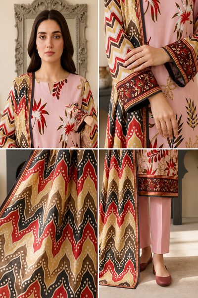 Women's Premium Pink Printed 3 Piece Lawn Suit with Printed Dupatta - Image 4