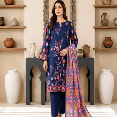 Navy Blue Printed 3 Piece Lawn Suit with Digital Printed Dupatta