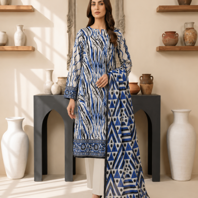 Blue & White Printed 3 Piece Lawn Suit with Digital Printed Dupatta