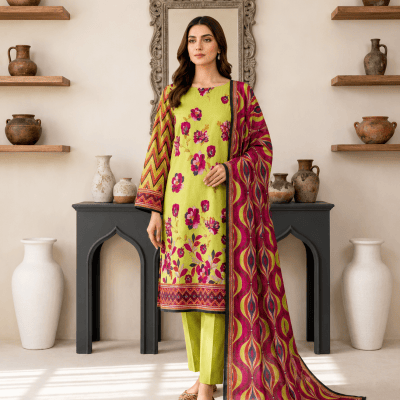 Women's Premium Lime Green Printed 3 Piece Lawn Suit with Printed Dupatta