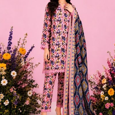 Women's Pink Floral Printed Lawn 3-Piece Suit with Digital Printed Dupatta