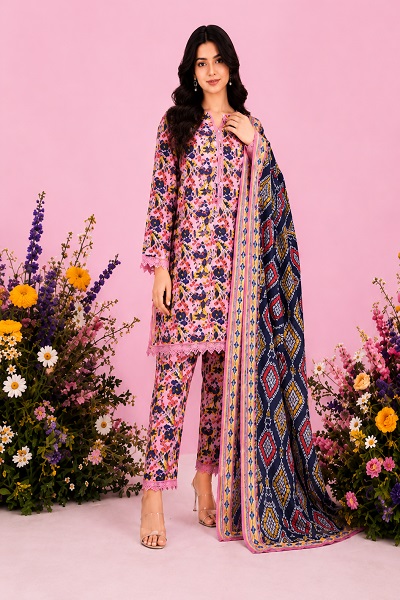 Women's Pink Floral Printed Lawn 3-Piece Suit with Digital Printed Dupatta
