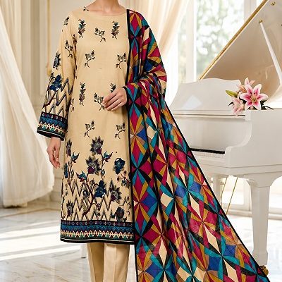 Women's 3 Piece Printed Lawn Suit  Beige Floral Shirt with Multicolor Digital Printed Dupatta | Pakistani Summer Collection