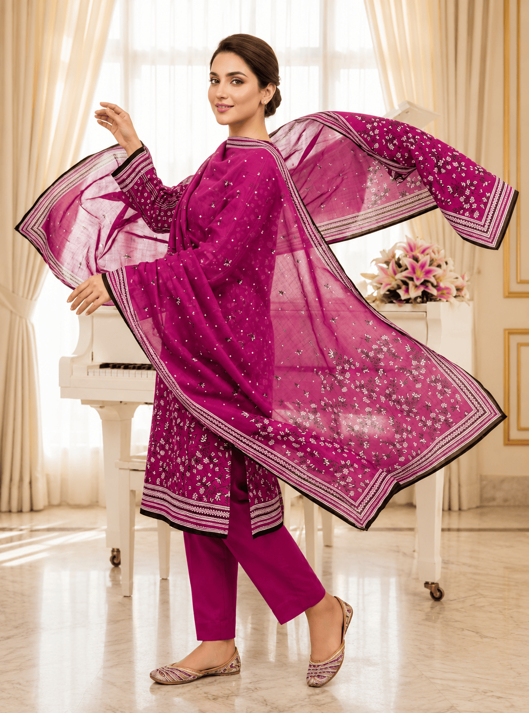 Premium Magenta Printed 3 Piece Lawn Suit with Printed Dupatta - Image 2