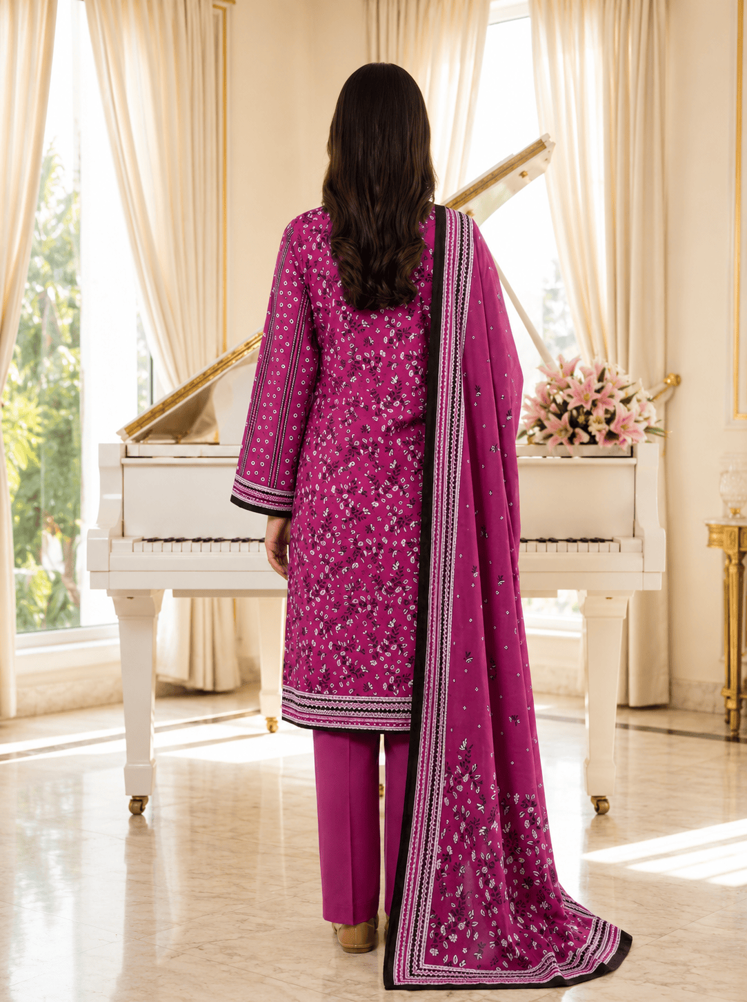 Premium Magenta Printed 3 Piece Lawn Suit with Printed Dupatta - Image 4