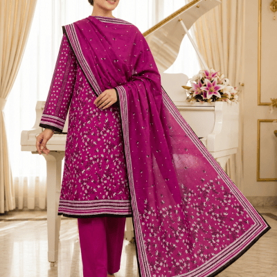 Premium Magenta Printed 3 Piece Lawn Suit with Printed Dupatta
