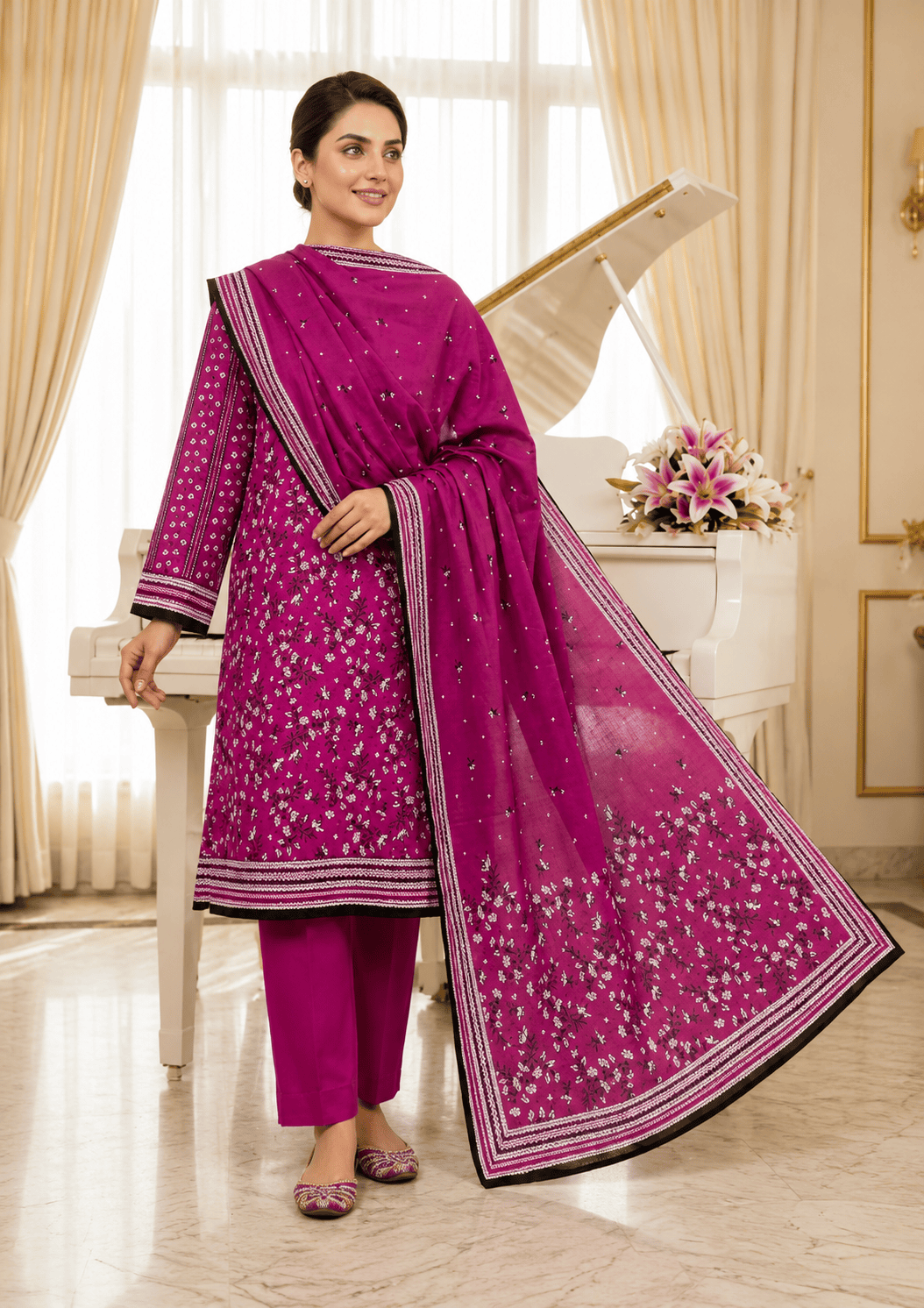 Premium Magenta Printed 3 Piece Lawn Suit with Printed Dupatta