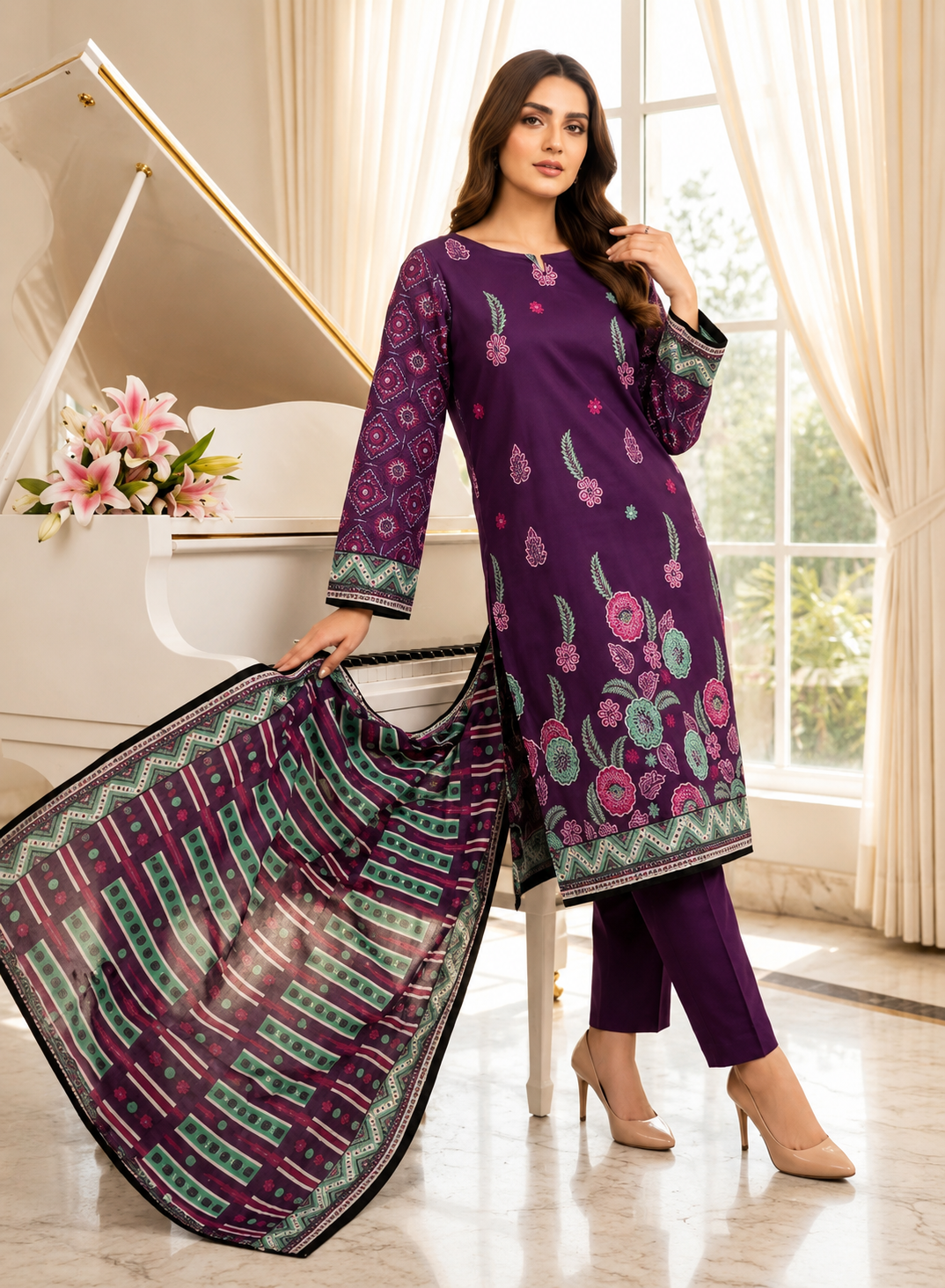 Premium Purple Printed 3 Piece Lawn Suit with Printed Dupatta - Image 2