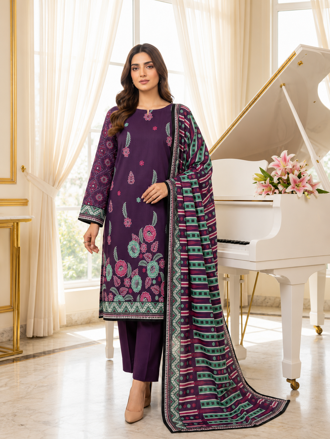 Premium Purple Printed 3 Piece Lawn Suit with Printed Dupatta