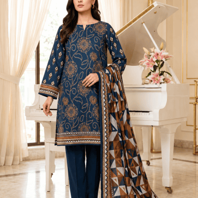 Premium Navy Blue Printed 3 Piece Lawn Suit with Printed Dupatta