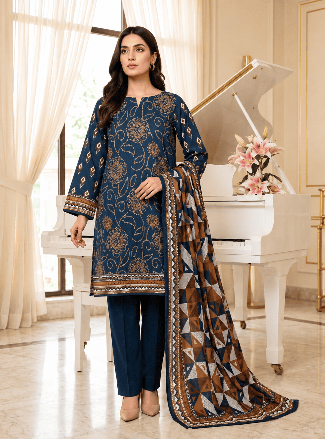 Premium Navy Blue Printed 3 Piece Lawn Suit with Printed Dupatta