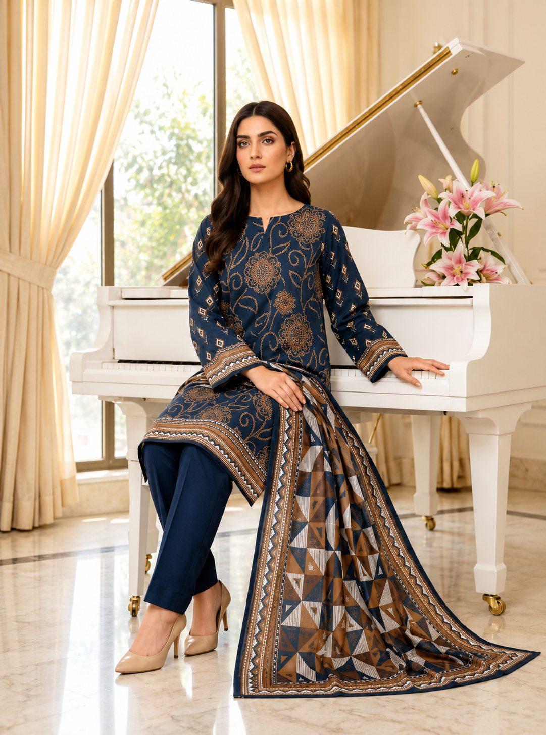 Premium Navy Blue Printed 3 Piece Lawn Suit with Printed Dupatta - Image 3