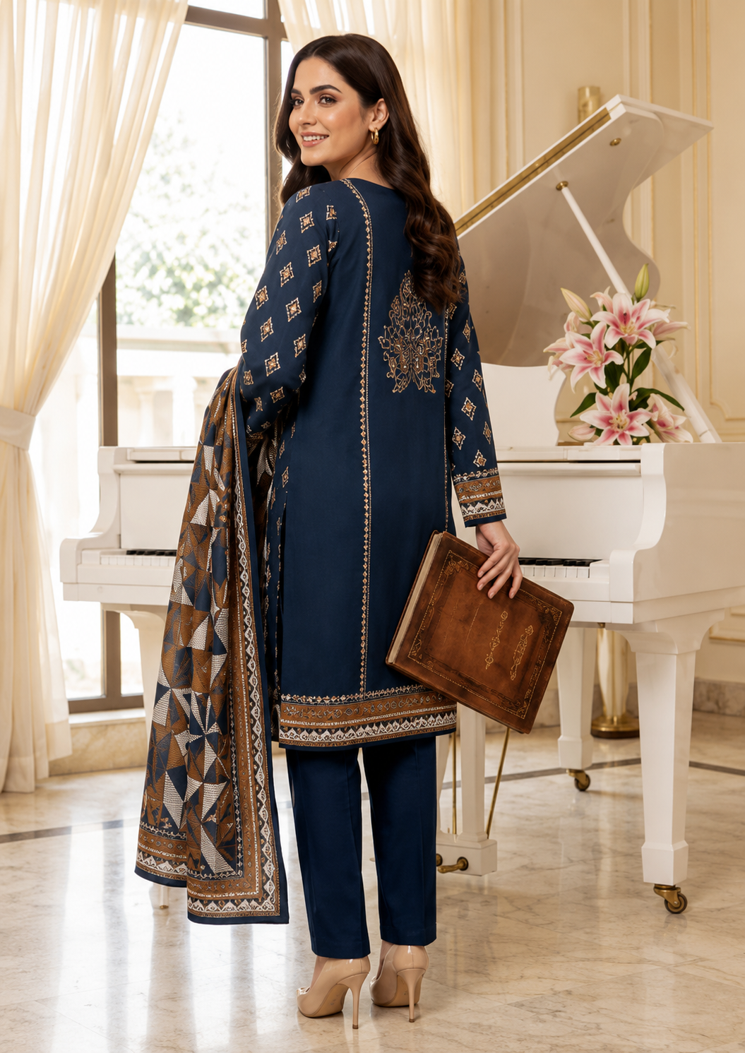Premium Navy Blue Printed 3 Piece Lawn Suit with Printed Dupatta - Image 2