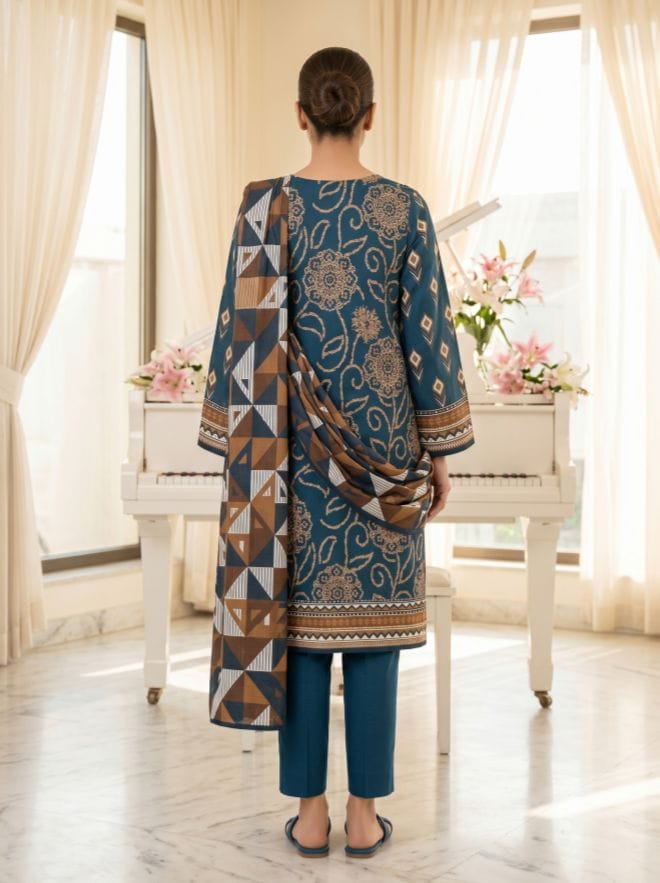 Premium Navy Blue Printed 3 Piece Lawn Suit with Printed Dupatta - Image 4