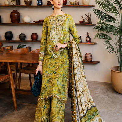 Olive Green Embroidered 3 Piece Women's Suit
