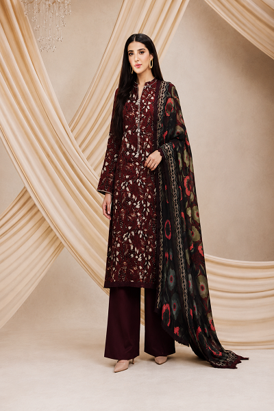 Maroon Floral Printed 3 Piece Women's Suit