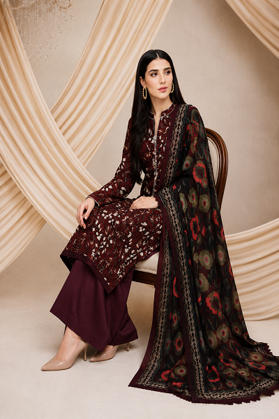 Maroon Floral Printed 3 Piece Women's Suit - Image 2