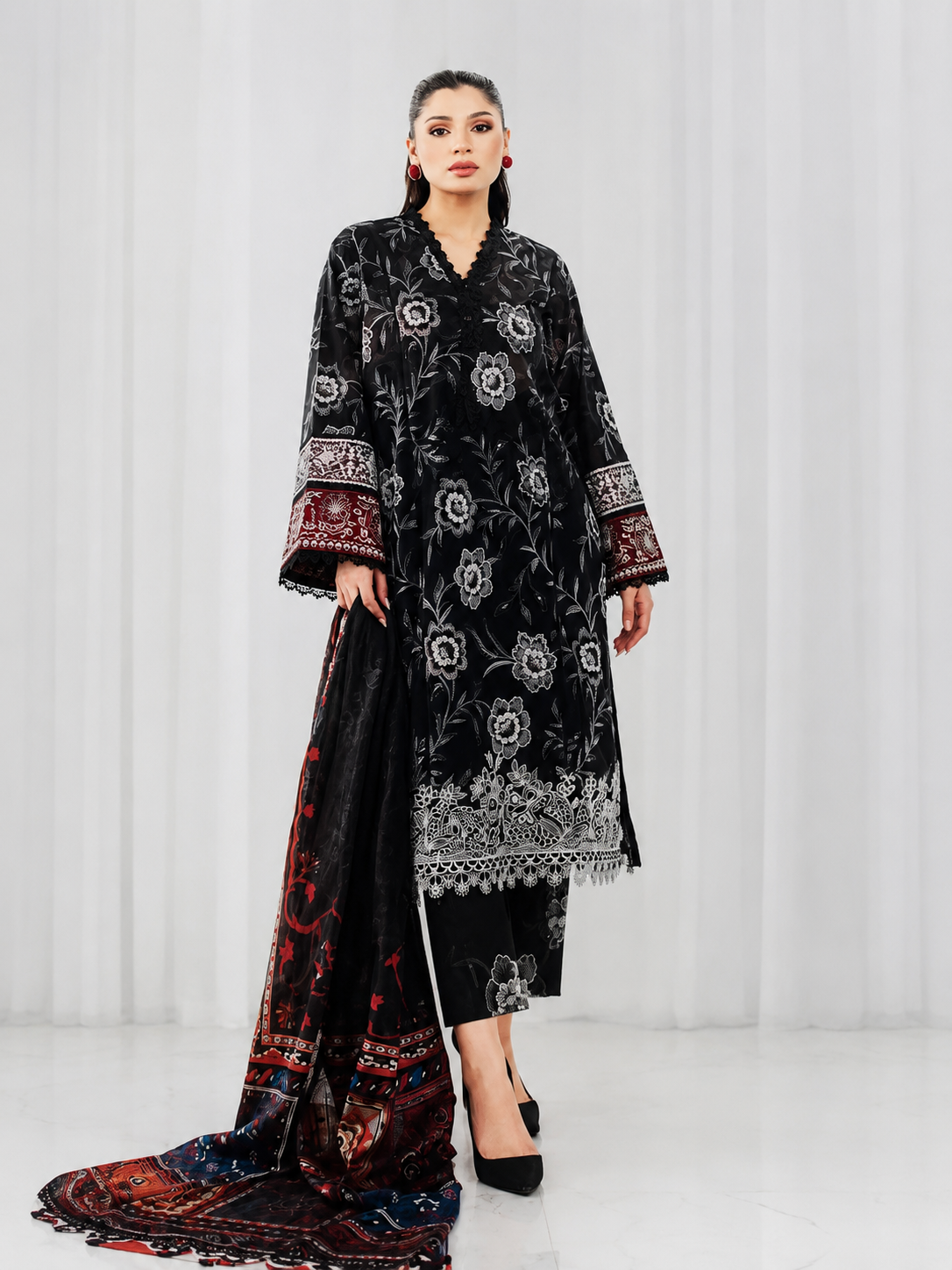 Classic Black Embroidered 3 Piece Women's Suit