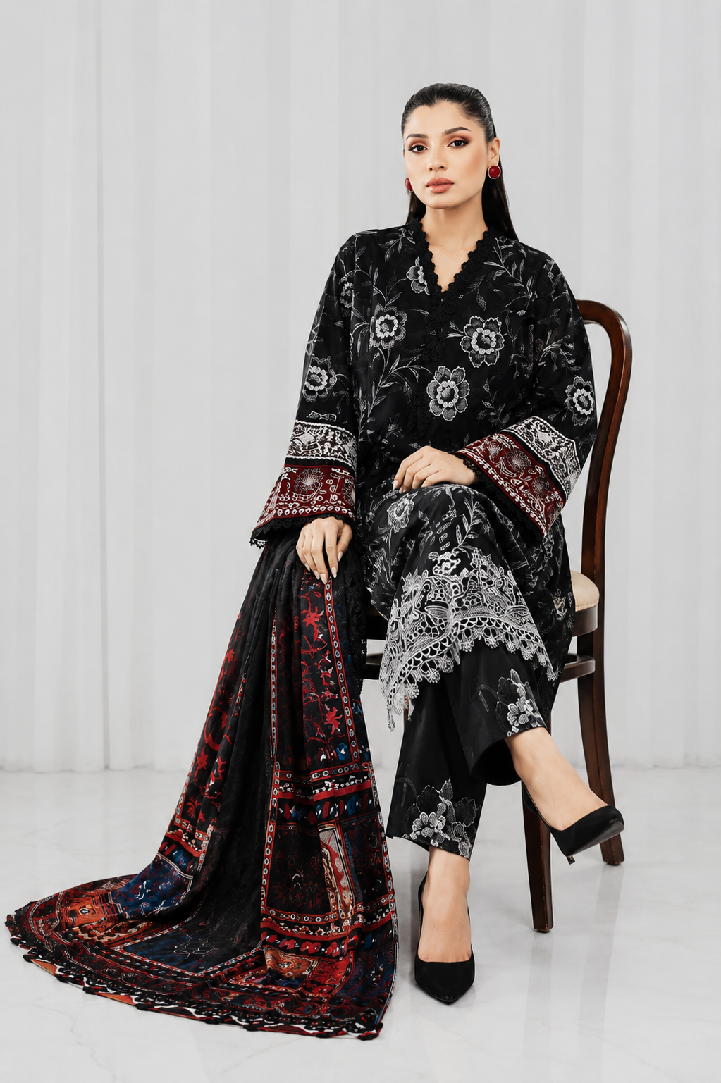 Classic Black Embroidered 3 Piece Women's Suit - Image 2