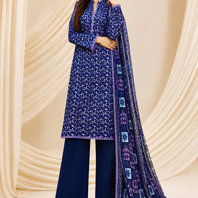 Navy Blue Floral Printed 3 Piece Women's Suit