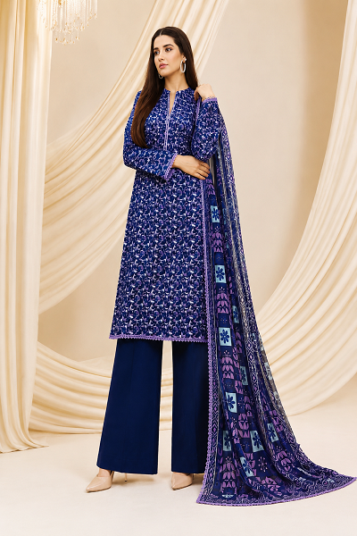 Navy Blue Floral Printed 3 Piece Women's Suit