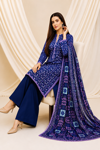 Navy Blue Floral Printed 3 Piece Women's Suit - Image 2