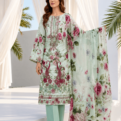Elegant Mint Green Embroidered 3 Piece Chiffon Suit for Women