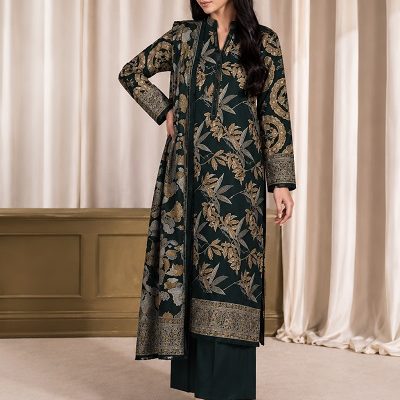 Deep Forest Green Botanical Printed 3 Piece Women's Suit